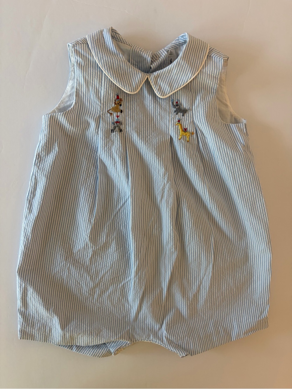 Sophie & Lucas Hand Crafted Blue Seersucker Baby Bubble Romper 12 Months Animals